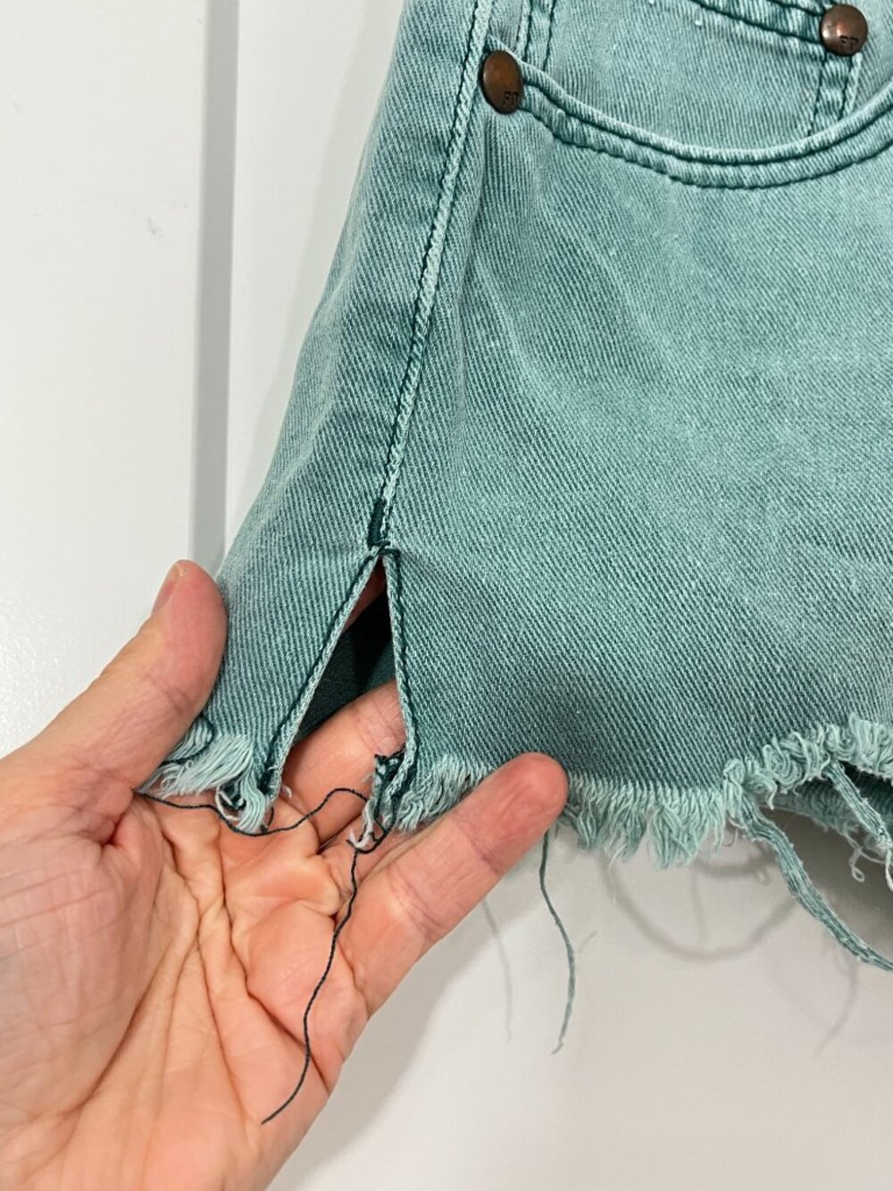 Free People Size 26 Green / Blue Denim Cutoff Shorts - Picture 3 of 8